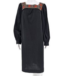 Vintage 70's Hippie Indie Midi Swing Dress Black L